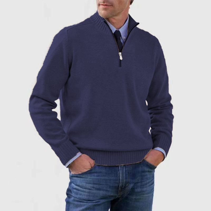 Men's cotton turtleneck sweater with zipper closure.
