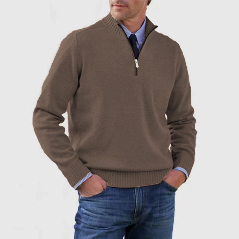Men's cotton turtleneck sweater with zipper closure.